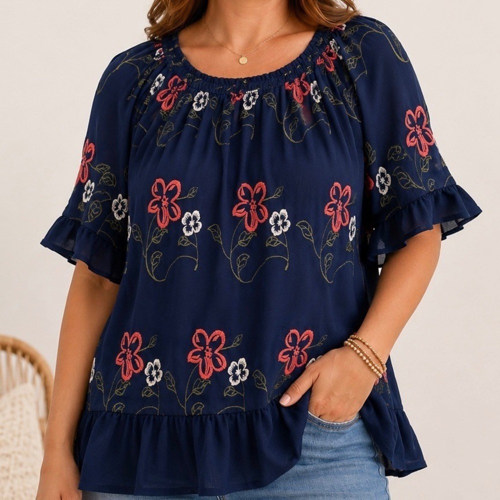 New Directions Petite Navy Floral Embroidered Peasant Blouse PXL Boho Top